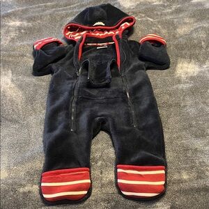 Navy Rugged Bear Hooded Baby Onesie with Red Stripes